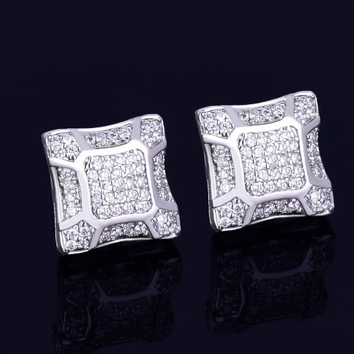 11MM Width Gold Color Square Men's Stud Earring Charm Full Cubic Zircon Screw Back Women Earrings Fashion Hip Hop Jewelry