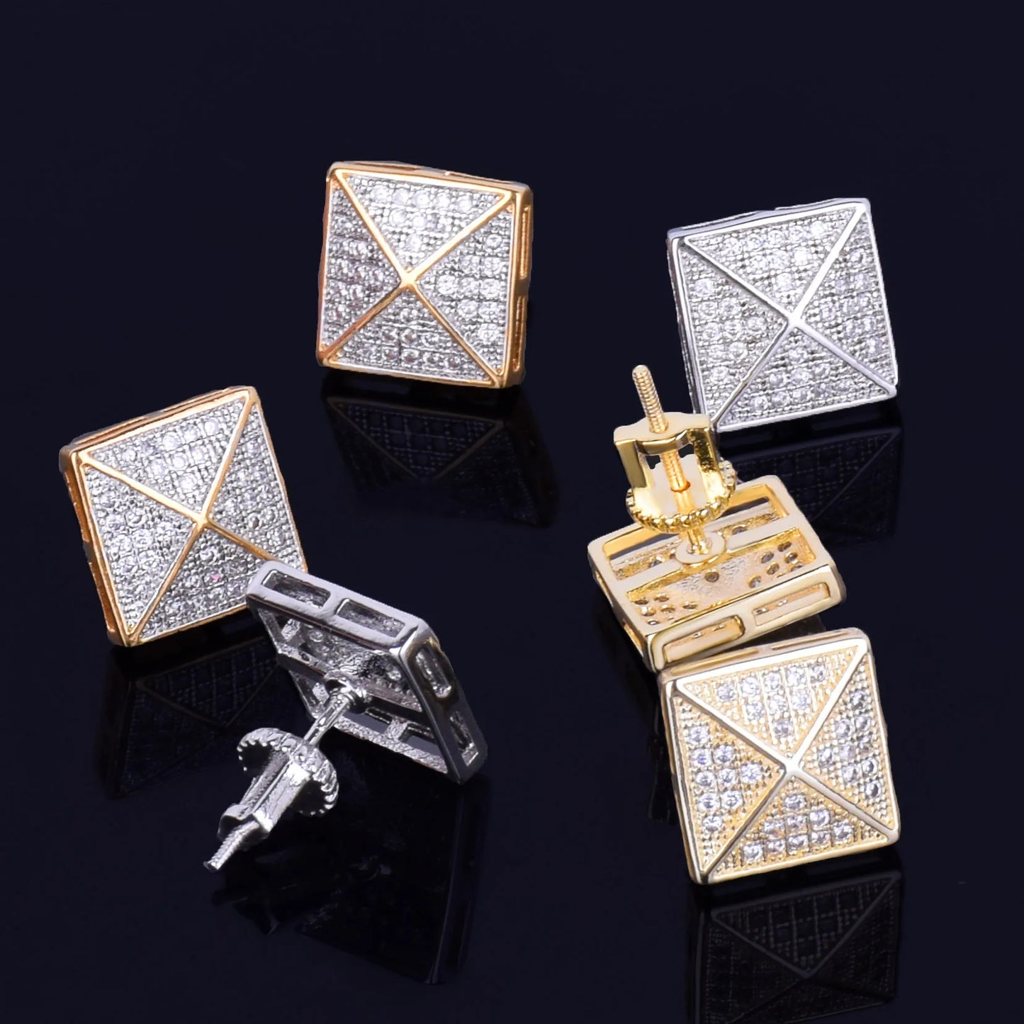 Men's Stud Earring Square Charm Screw Back Full Zircon Women Silver Color  Fashion Hip Hop Jewelry