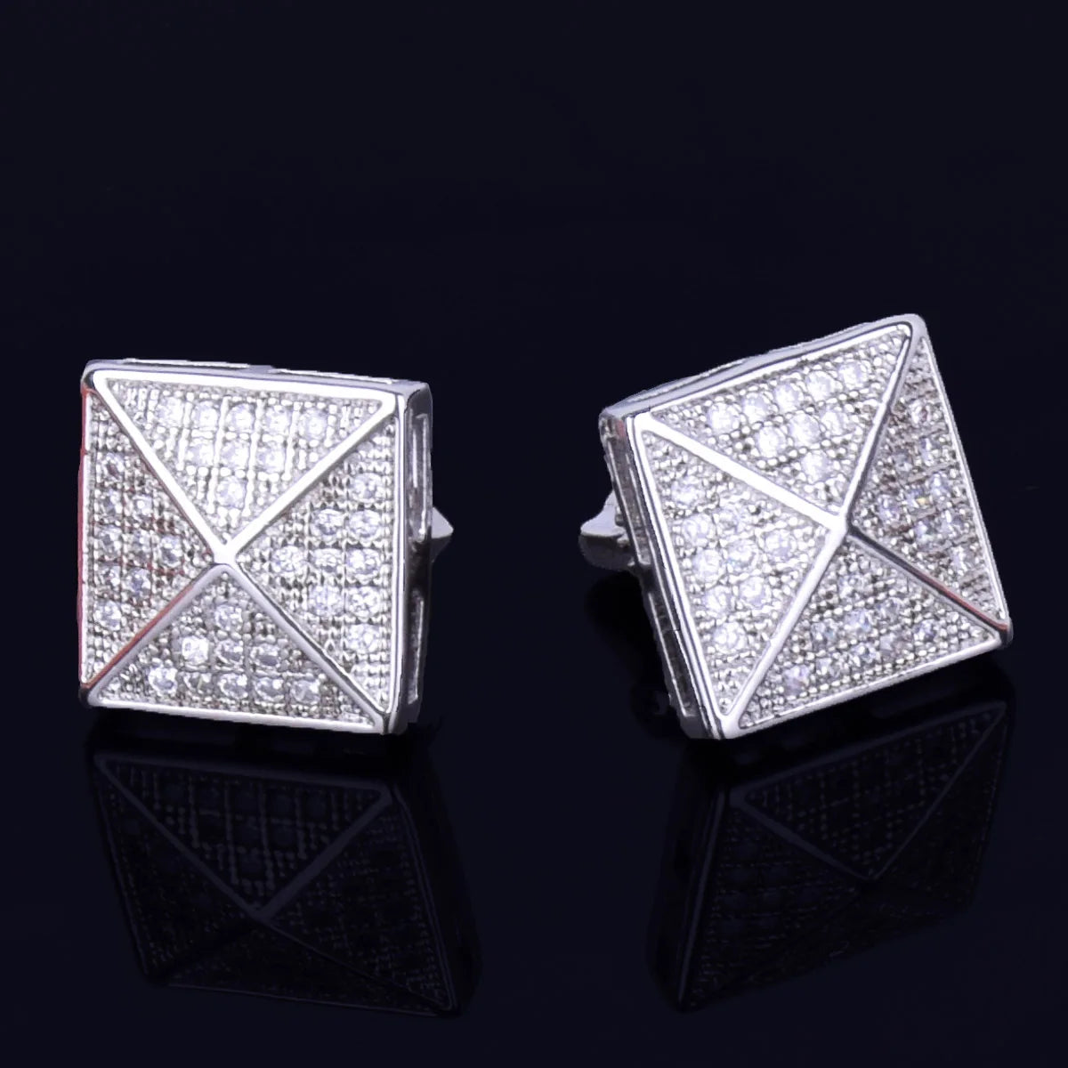 Men's Stud Earring Square Charm Screw Back Full Zircon Women Silver Color  Fashion Hip Hop Jewelry