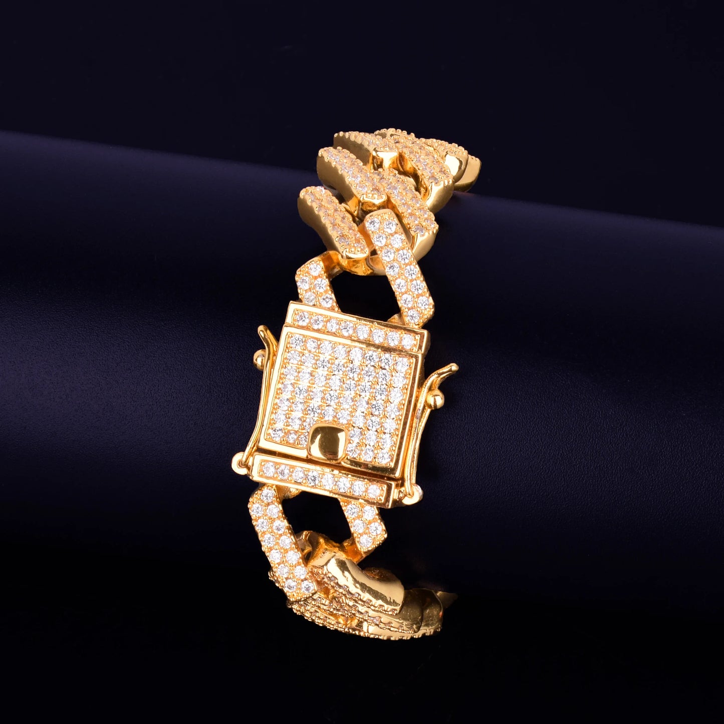 18mm Big Square Miami Cuban Link Prong Bracelet Gold Color Iced Out Cubic Zirconia Rock Hip Hop Style Men's Jewelry