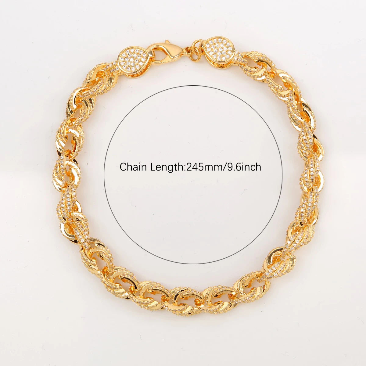 9mm Rope Bracelet Chain Hip Hop Link Gold Color Full Cubic Zircon For Men's Rock Street Jewelry