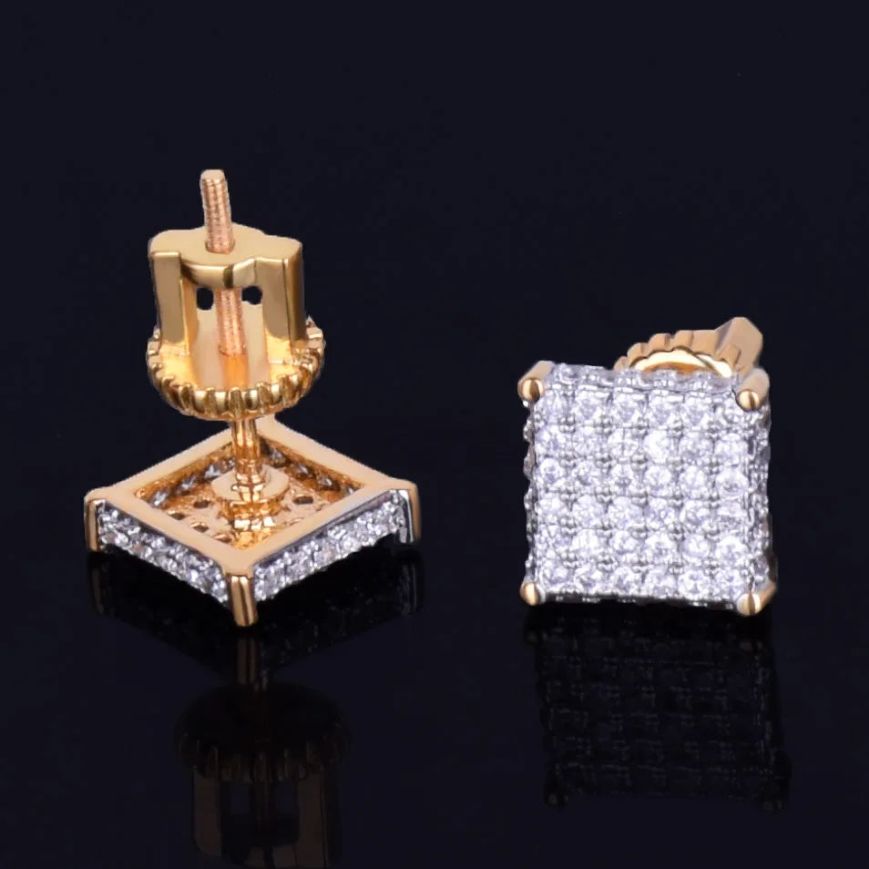 8MM Small Stud Earring Square Charm Screw Back Full Zircon Men's Women Silver Color Fashion Hip Hop Jewelry