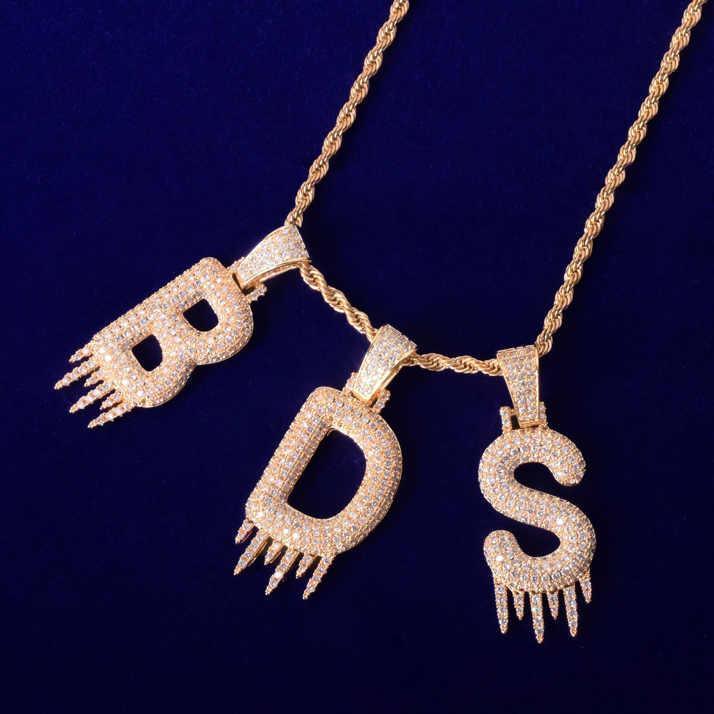 Solid Back Single Drip Bubble Letters Pendant Necklaces For Men Women Gold Color AAAA Cubic Zircon Hip Hop Jewelry