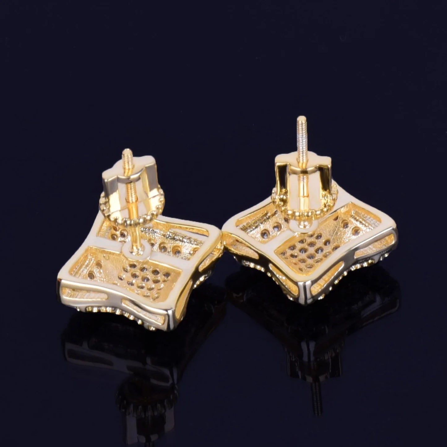 11MM Width Gold Color Square Men's Stud Earring Charm Full Cubic Zircon Screw Back Women Earrings Fashion Hip Hop Jewelry