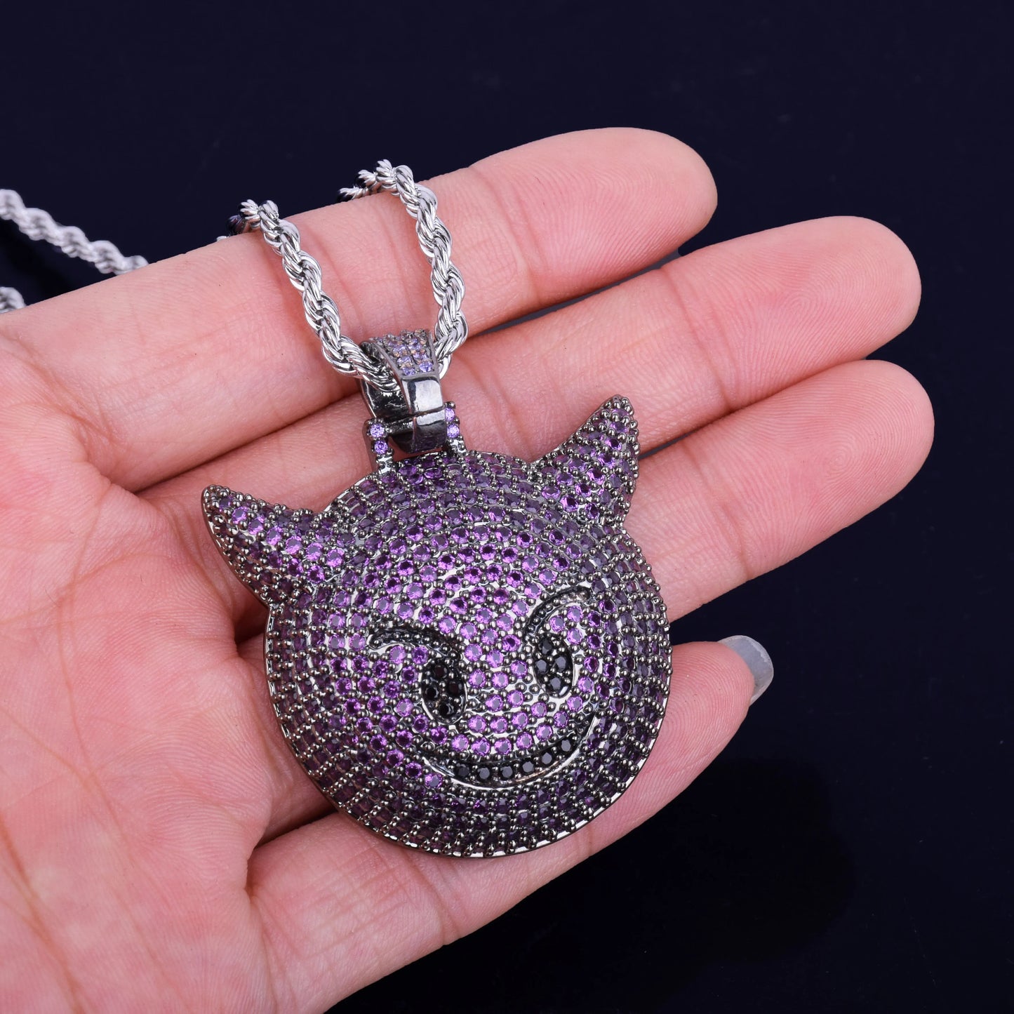 Purple Color Demon Evil Expression Necklace & Pendant Bling Zircon Fashion Hip Hop Rock Street Jewelry