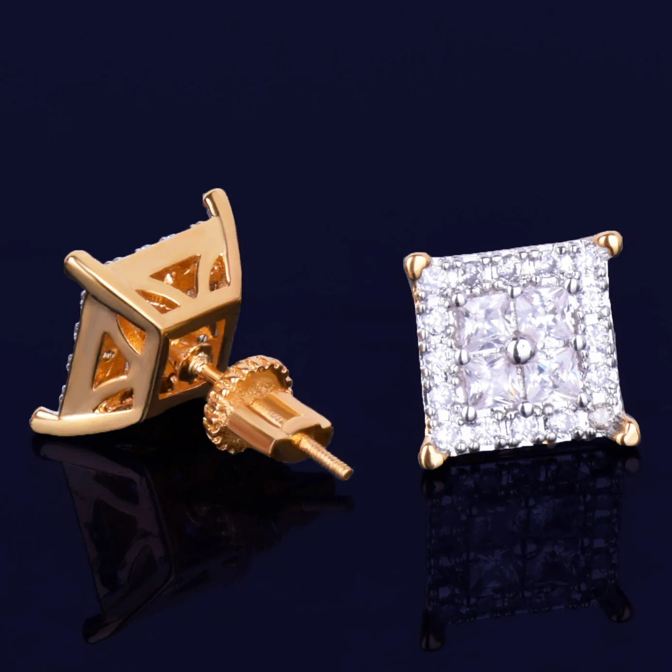 12MM Square Baguette Zircon Stud Earring Silver Color Charm Screw Back Women Men's Earrings Fashion Hip Hop Jewelry