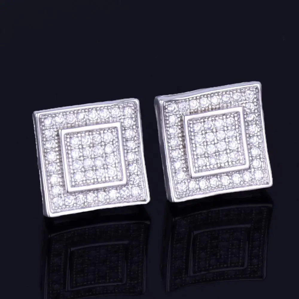 11MM Square Stud Earring Silver Color Full Cubic Zircon Screw Back Men's Earrings Fashion Hip Hop Jewelry for Gift