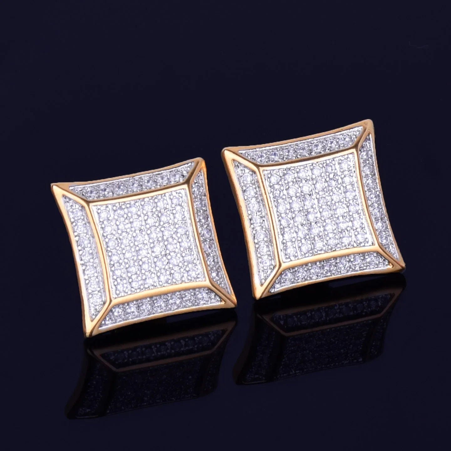 15MM Big Square Men Stud Earring Gold Color Full Cubic Zircon Screw Back Earrings Hip Hop Jewelry for Women