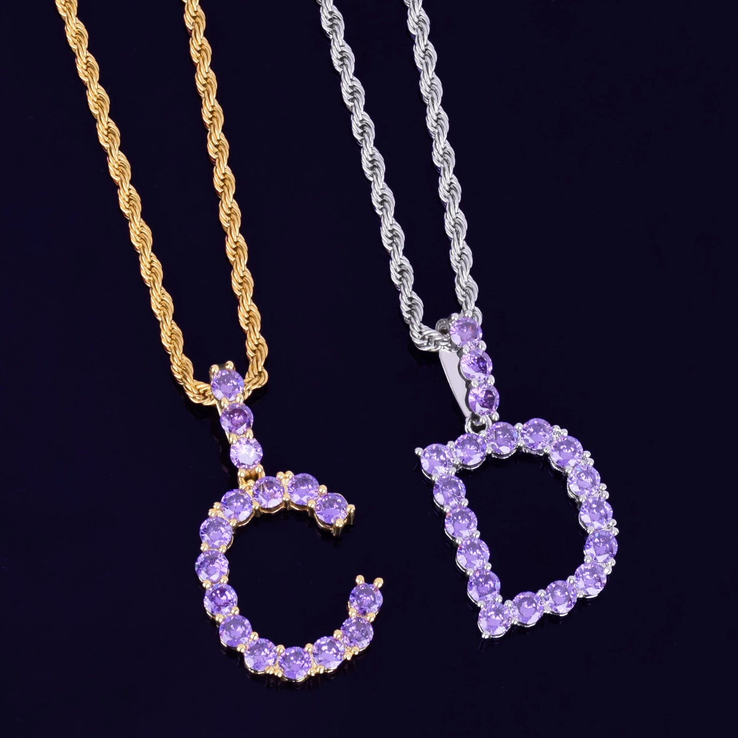 Bling Purple Color Zircon Tennis Letters Pendant Necklaces For Men/Women Gold Color Fashiom Hip Hop Jewelry with Rope chain