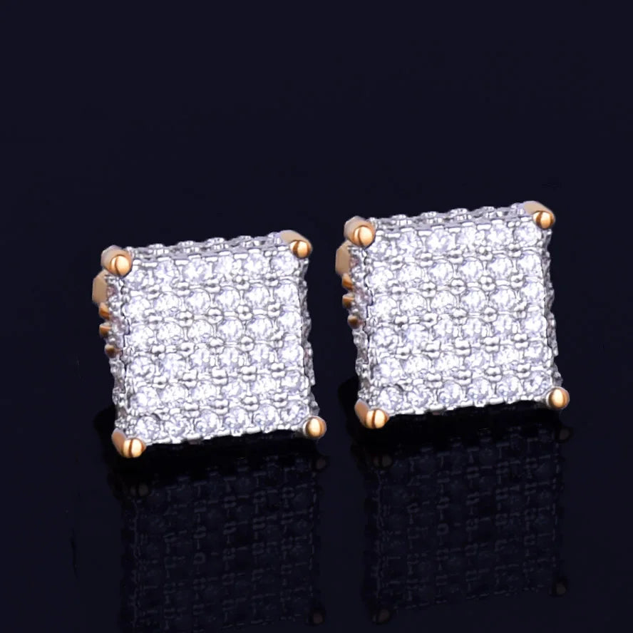 8MM Small Stud Earring Square Charm Screw Back Full Zircon Men's Women Silver Color Fashion Hip Hop Jewelry