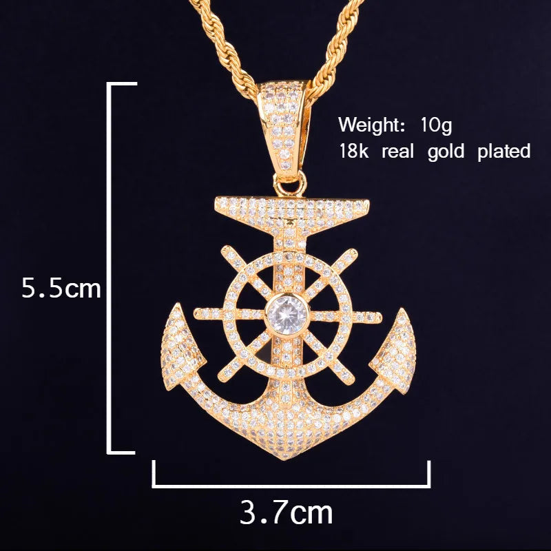 Anchor Shape Pendant Necklace Cubic Zircon Men's Hip Hop Rock Jewelry