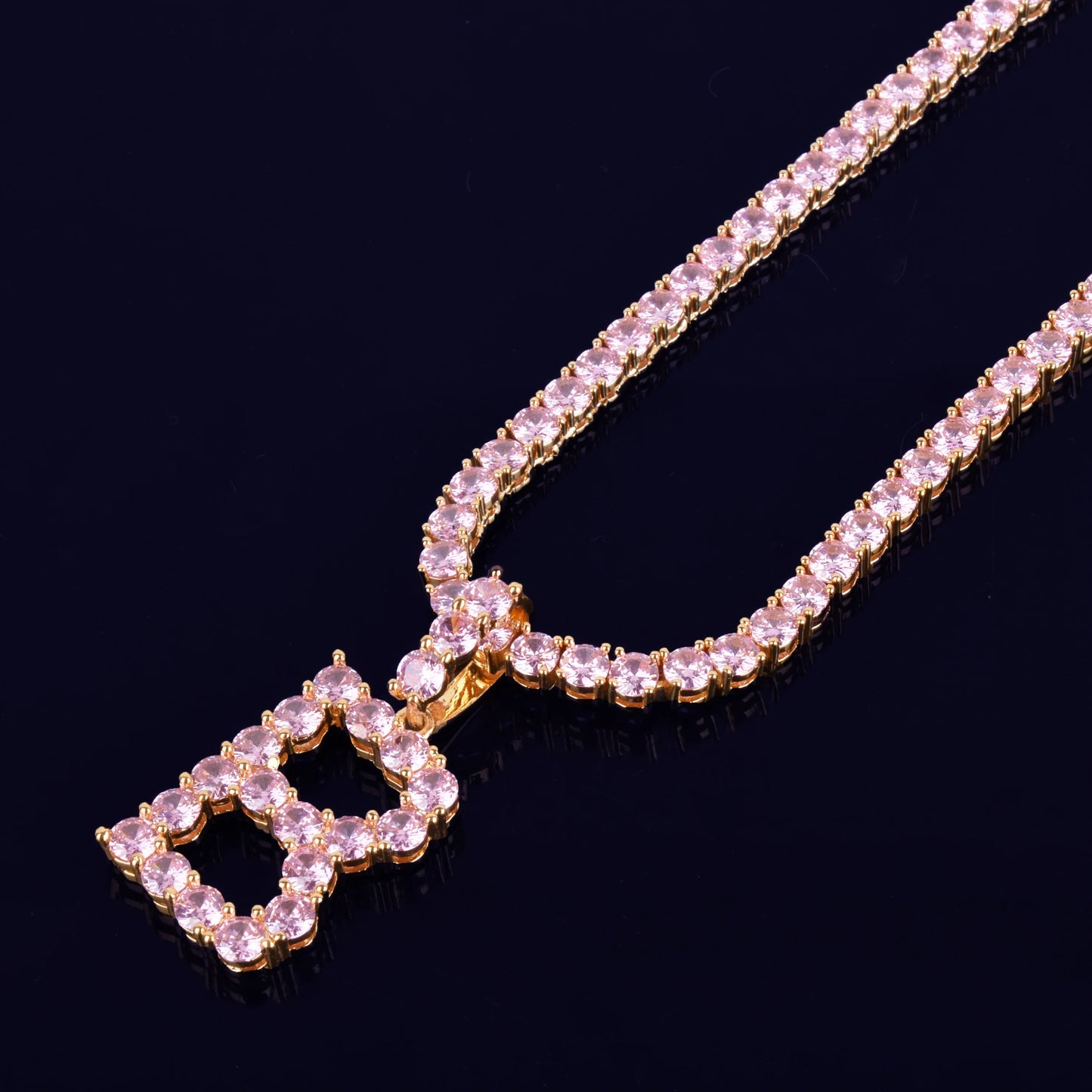 Pink Color Zircon Tennis Letters Necklaces & Pendant For Men/Women Gold Color Fashion Hip Hop Jewelry with 4mm Tennis Chain