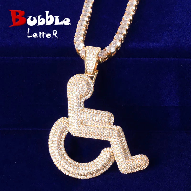 Bubble Letter Wheelchair Handicap Sign Pendant Necklace Gold Color Charm Bling Cubic Zircon Men's Hip hop Rock Jewelry