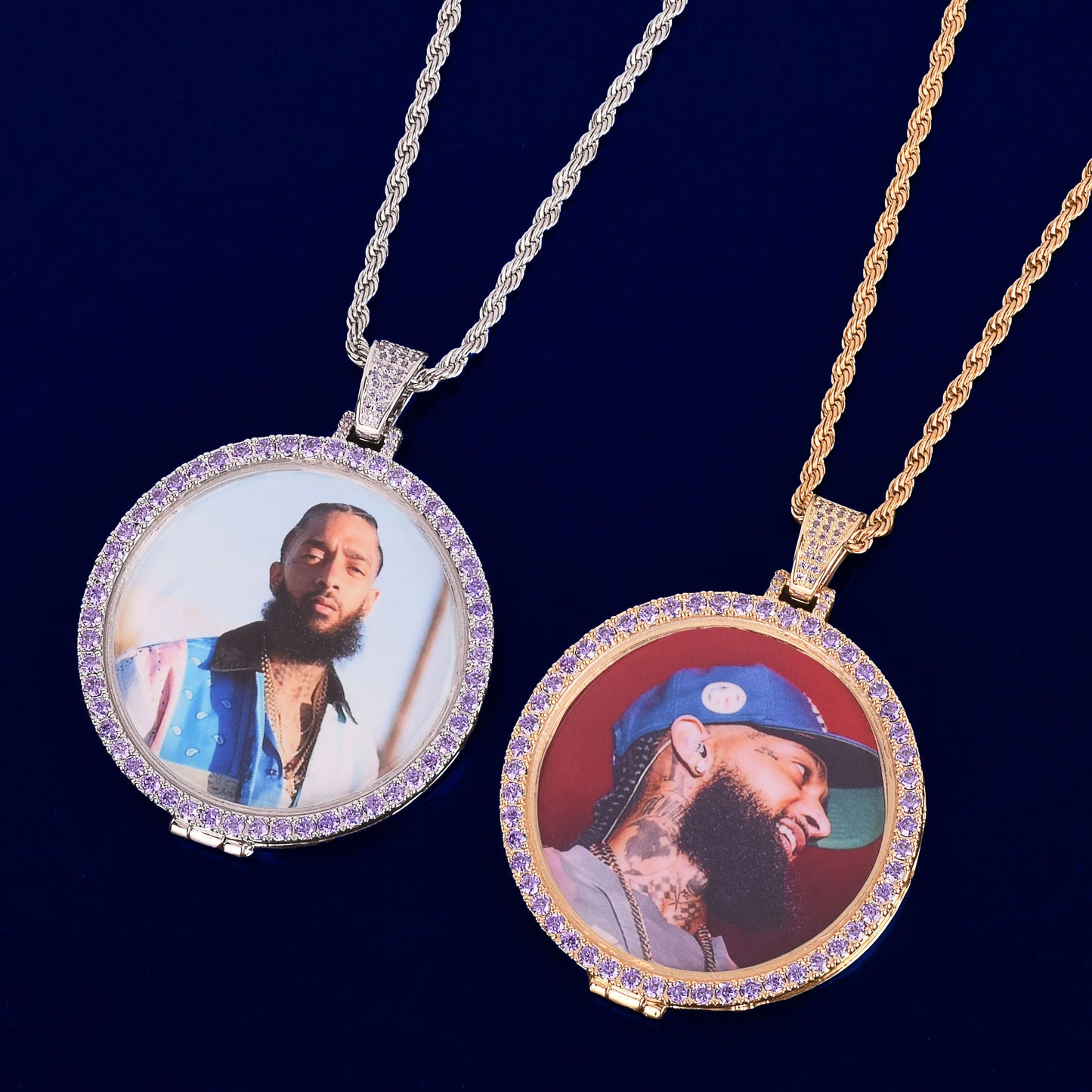 Bubble Letter Men Necklace Custom Photo Chain Picture Personalized Pendant Purple Stones Real Gold Plated Hip Hop Jewelry