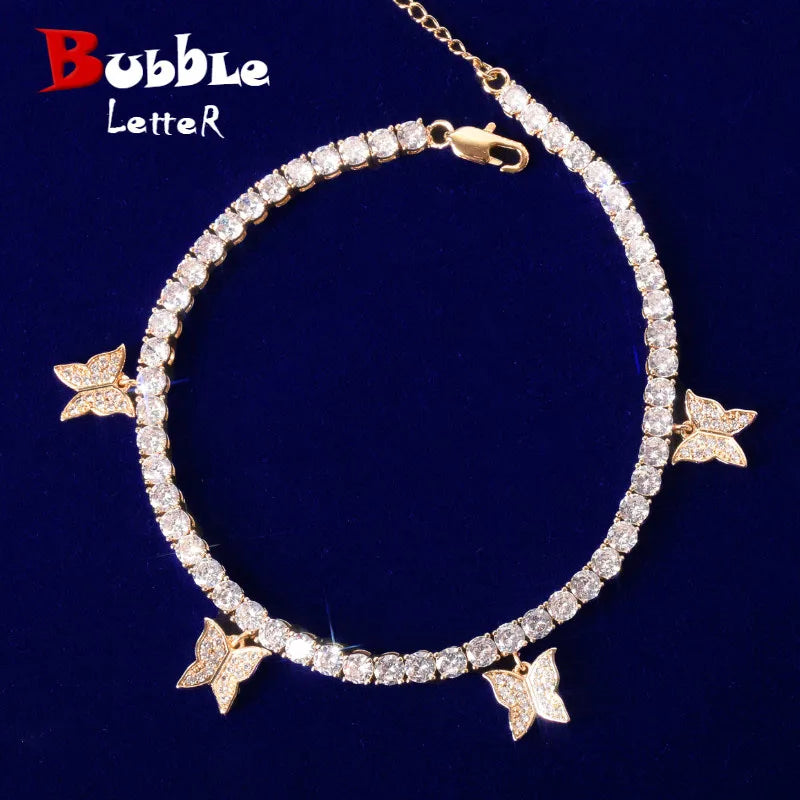 Bubble Letter Feet Jewelry for Women Tennis Chain Butterfly Anklets Real Gold Plated Hip Hop Jewelry  Adjustable Charms