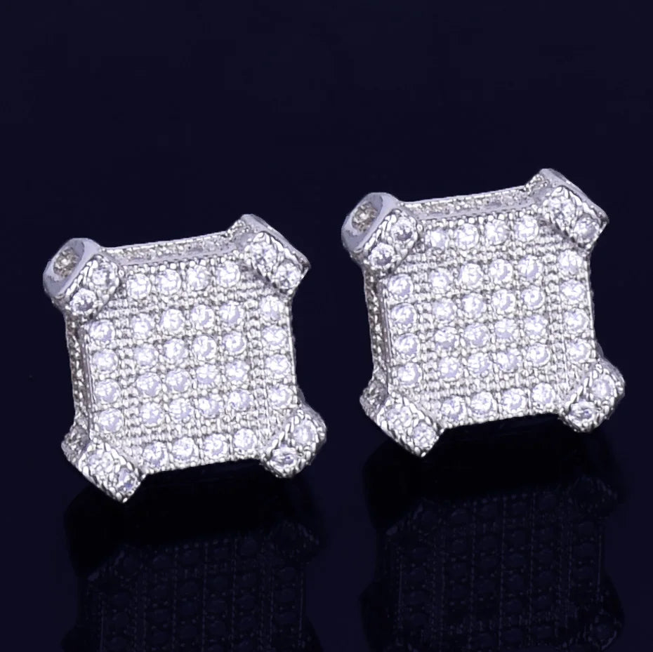 10MM Square Stud Earring Gold Color Charm Screw Back Full AAAA Zircon Women Men's Fashion Earrings Hip Hop Jewelry