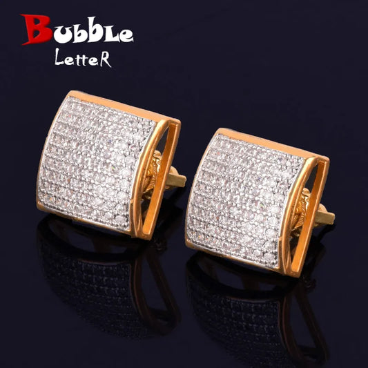 12MM Square Men Women Stud Earring Gold Color Iced Cubic Zircon Screw Back Earrings Hip Hop Jewelry