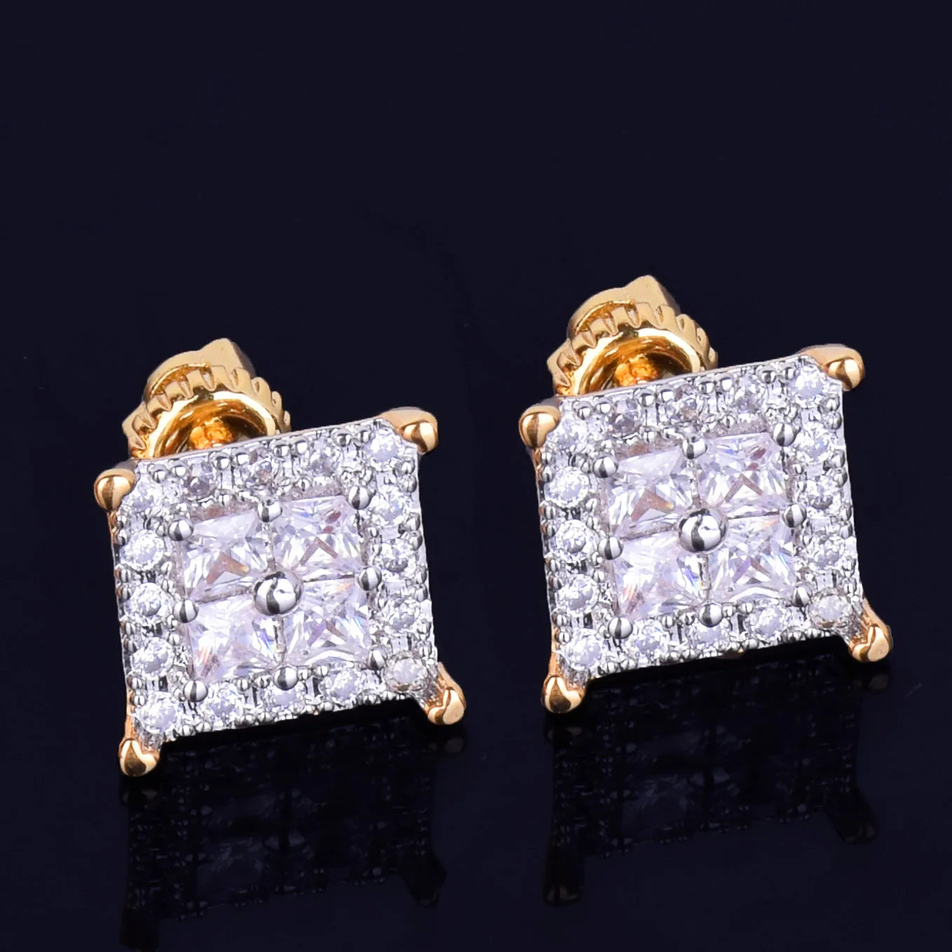 12MM Square Baguette Zircon Stud Earring Silver Color Charm Screw Back Women Men's Earrings Fashion Hip Hop Jewelry