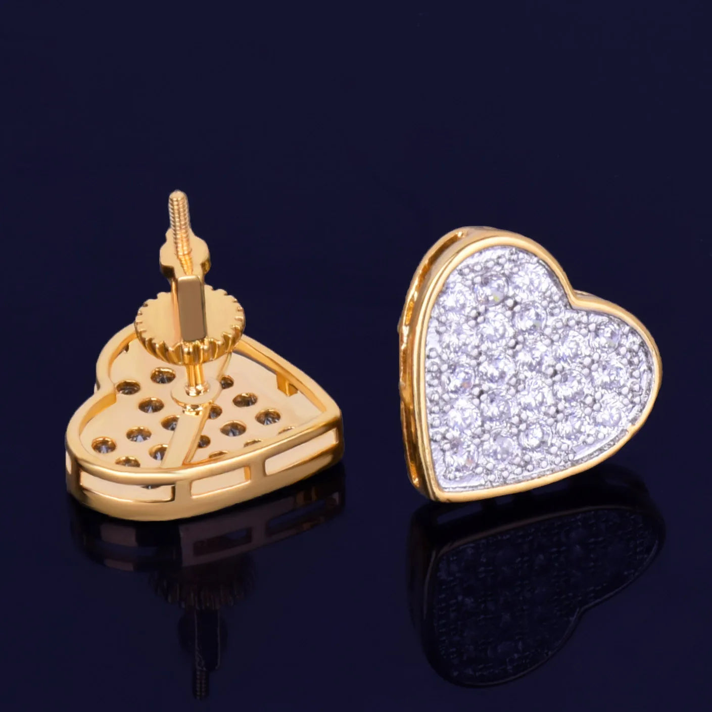 14MM Width Heart-shaped Gold Color Stud Earring For Men Women Full Cubic Zircon Screw Back Earrings Fashion Hip Hop Jewelry Gift