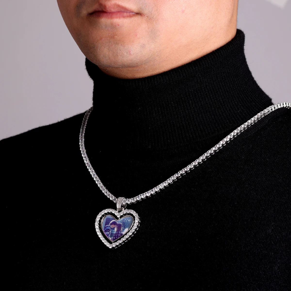 Custom Made Photo Rotating Double-Sided Heart Pendant Necklace Zircon Men's Hip Hop Rock Jewelry