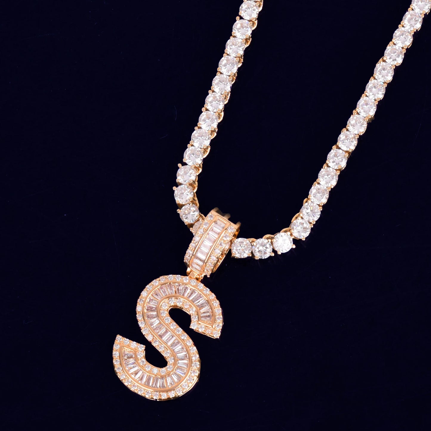 Baguette Letters Pendant With 4mm Tennis Chain Necklace Set Gold Color Women/Men's Hip Hop Fashon Jewelry