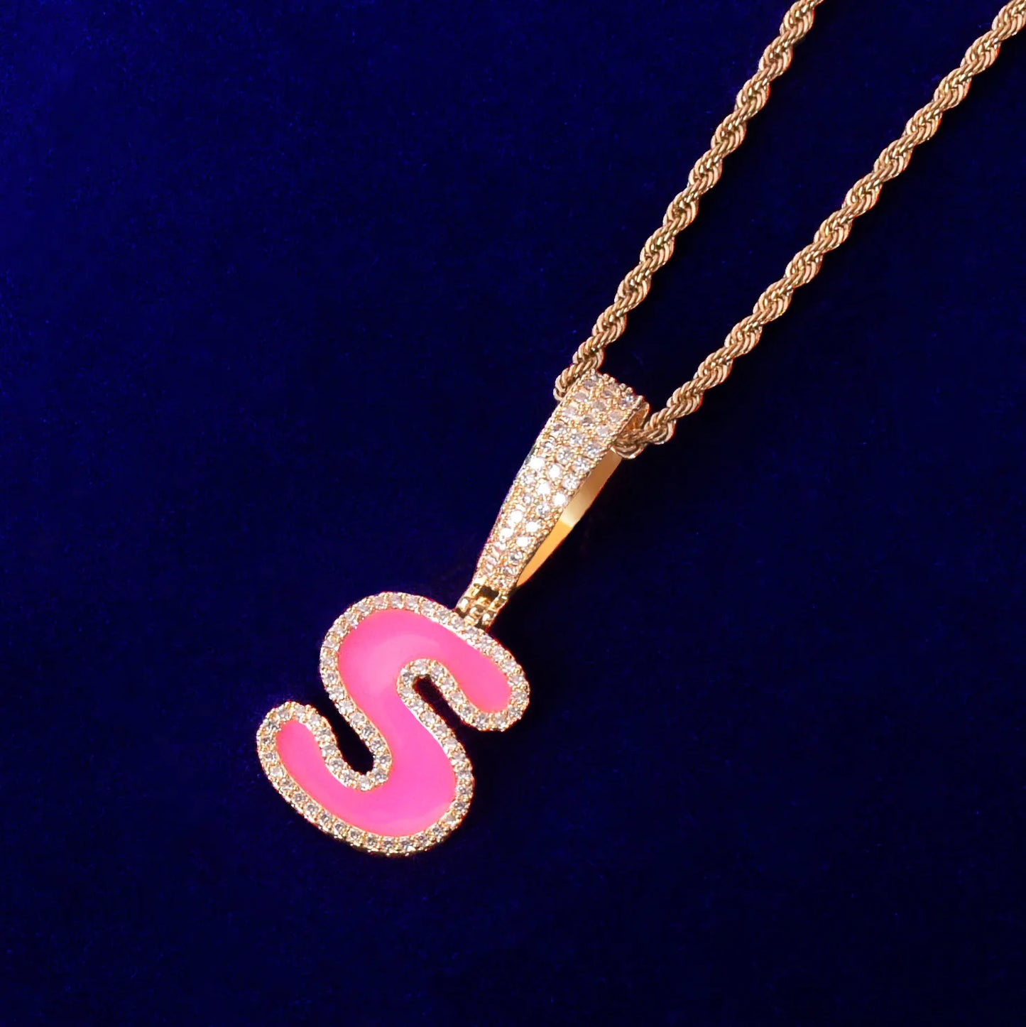 Single Blue Pink Letters Pendant Necklaces For Men Women Solid Back Gold Color AAAA Cubic Zircon Hip Hop Jewelry