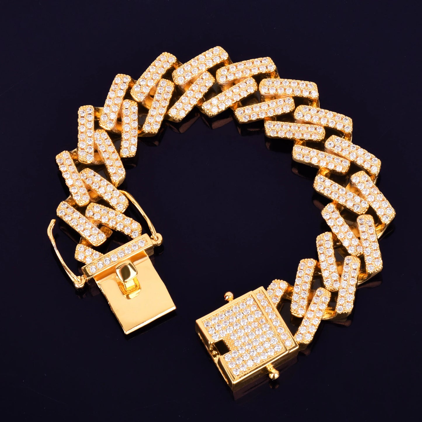 18mm Big Square Miami Cuban Link Prong Bracelet Gold Color Iced Out Cubic Zirconia Rock Hip Hop Style Men's Jewelry