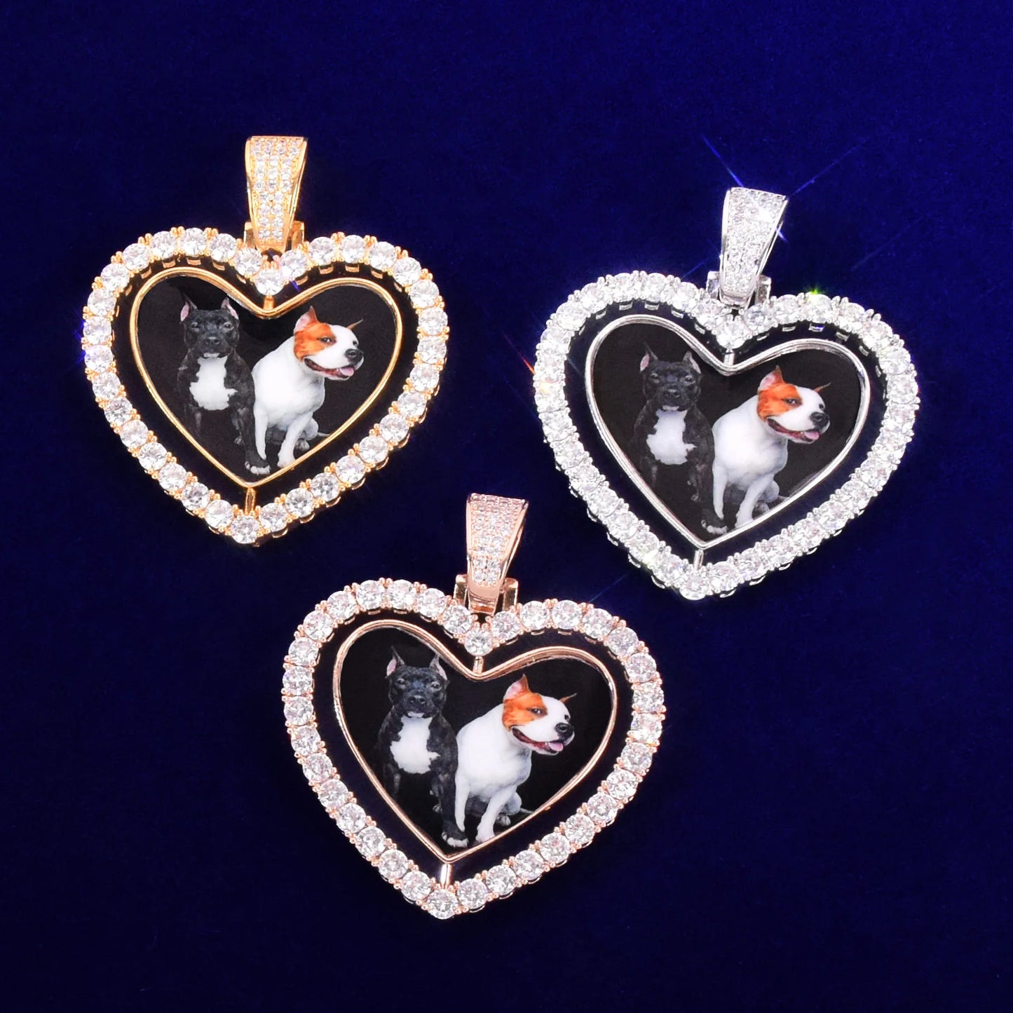 Custom Made Photo Rotating Double-Sided Heart Pendant Necklace Zircon Men's Hip Hop Rock Jewelry