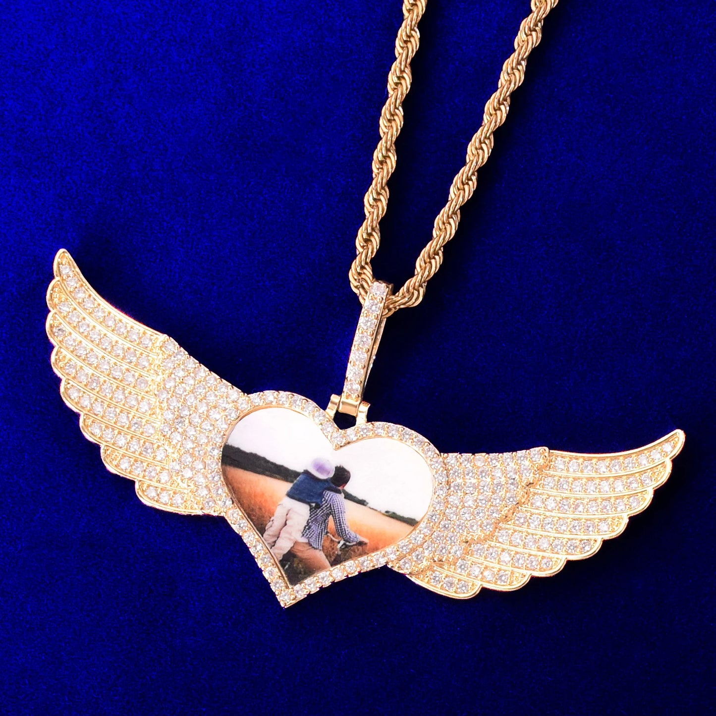 Bubble Letter Custom Photo Necklace for Men Heart Wing Pendant Solid Back Memory Picture Medallion Hip Hop Rock Fashion Jewelry