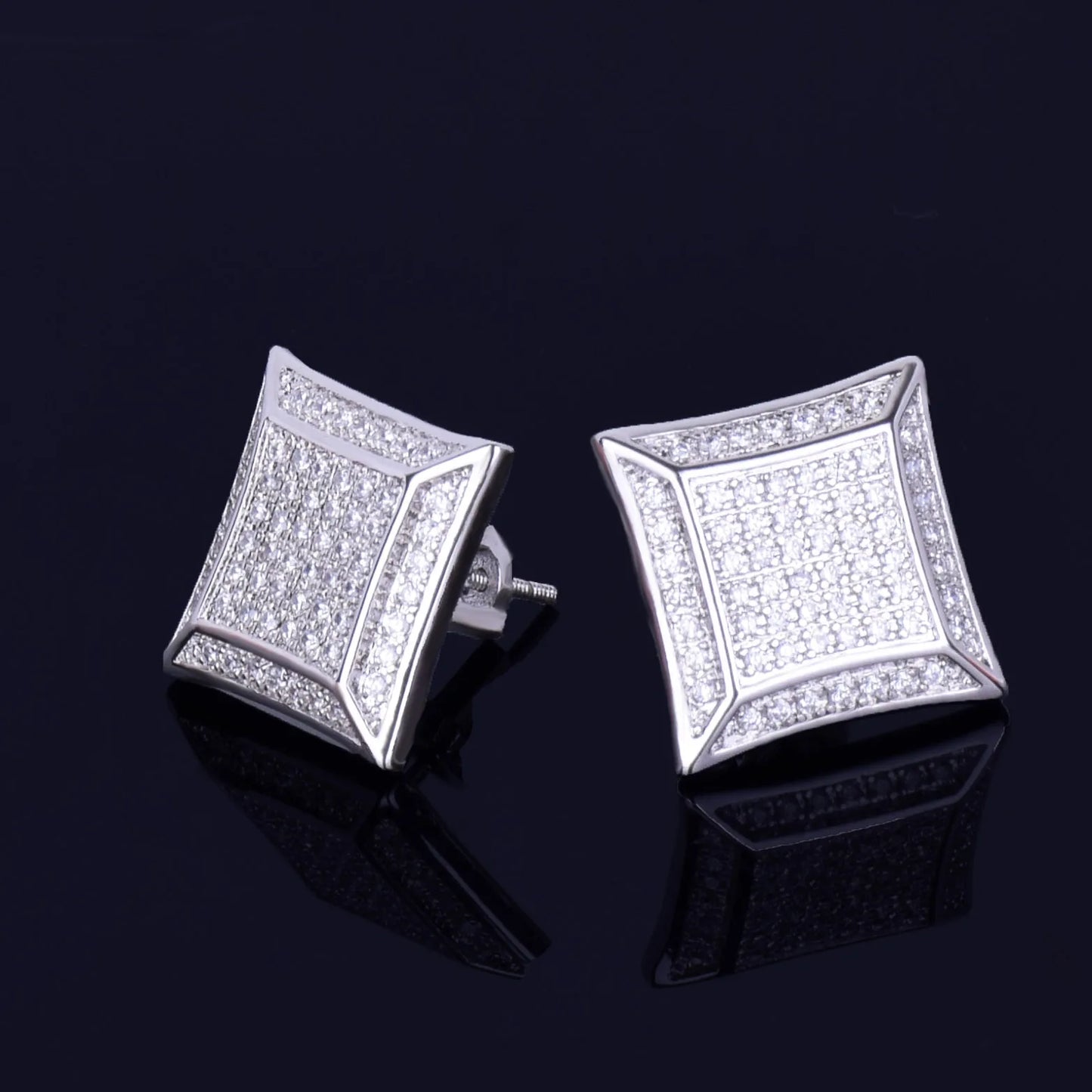 15MM Big Square Men Stud Earring Gold Color Full Cubic Zircon Screw Back Earrings Hip Hop Jewelry for Women