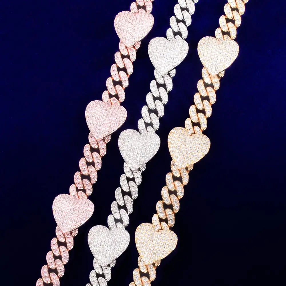 10mm Miami Cuban Link Bracelet With Heart Gold Color Plated Women Jewelry AAAA Zircon Men Hip Hop Chain