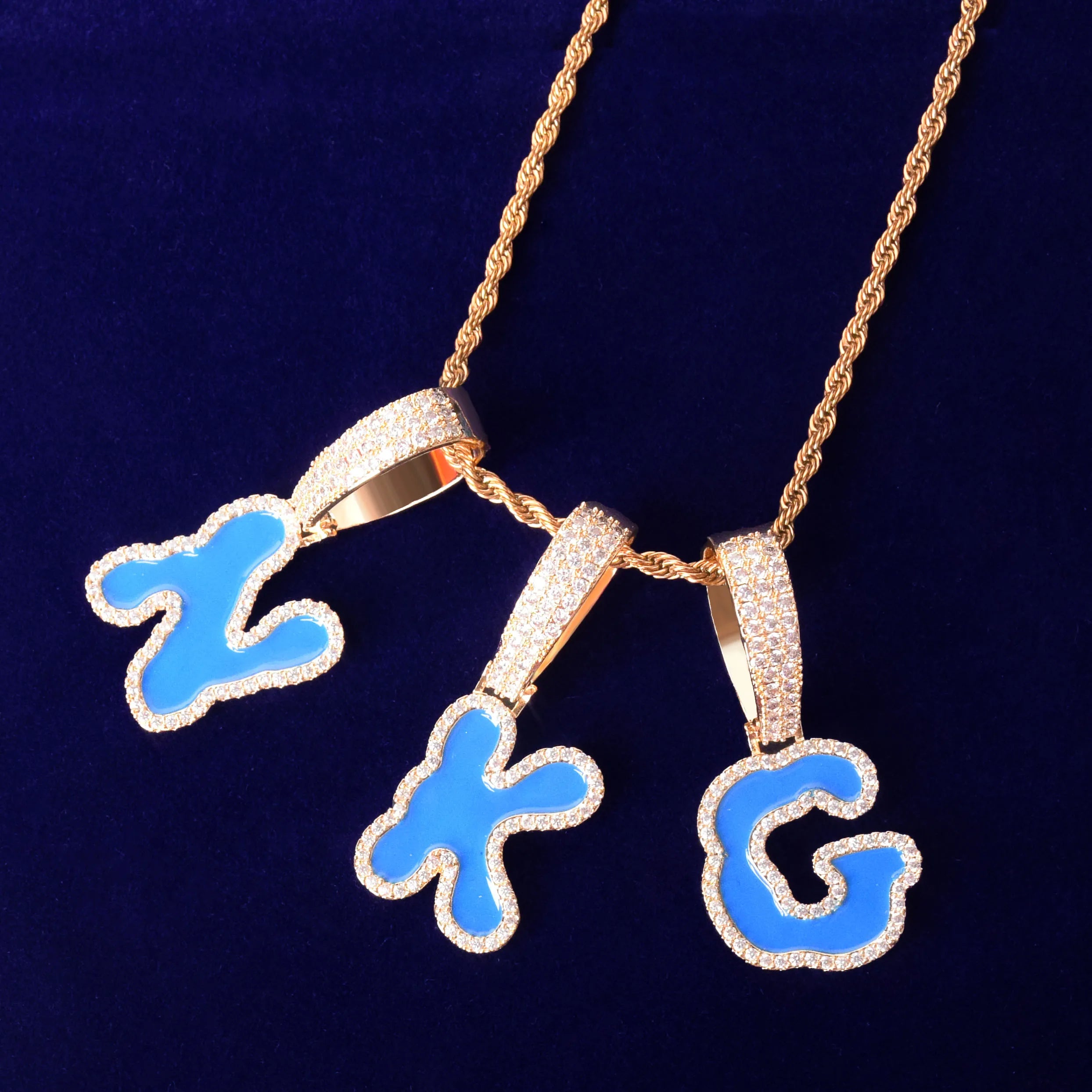 Solid Back Single Blue oil Bubble Letters Pendant Necklaces For Men Women Gold Color AAAA Cubic Zircon Hip Hop Jewelry