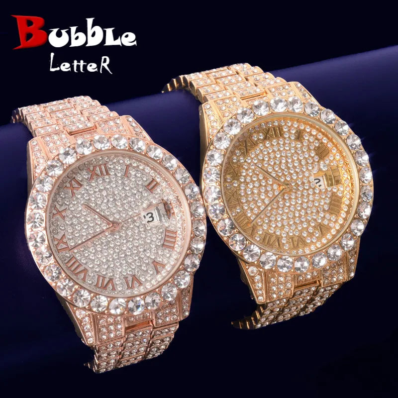 Bubble Letter Watch for Men Gold Color Big Dial Military Quartz Clock Luxury Rhinestone Business Waterproof Relógio Masculino