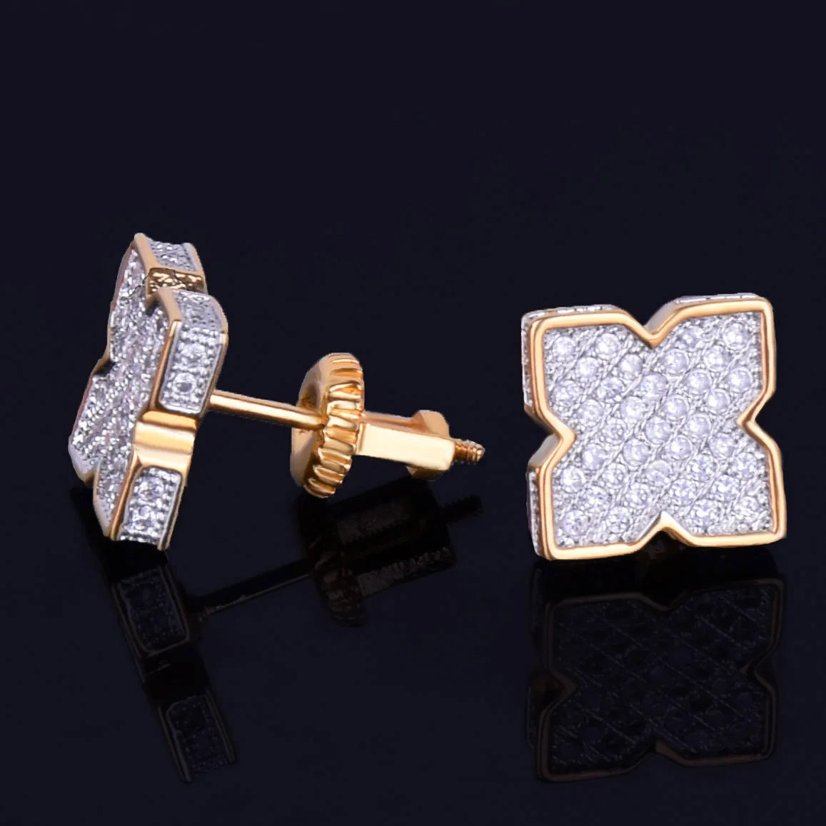 9MM Flower shape Men's Women Stud Earring Gold Color Charm Full Cubic Zircon Screw Back Earrings Fashion Hip Hop Jewelry