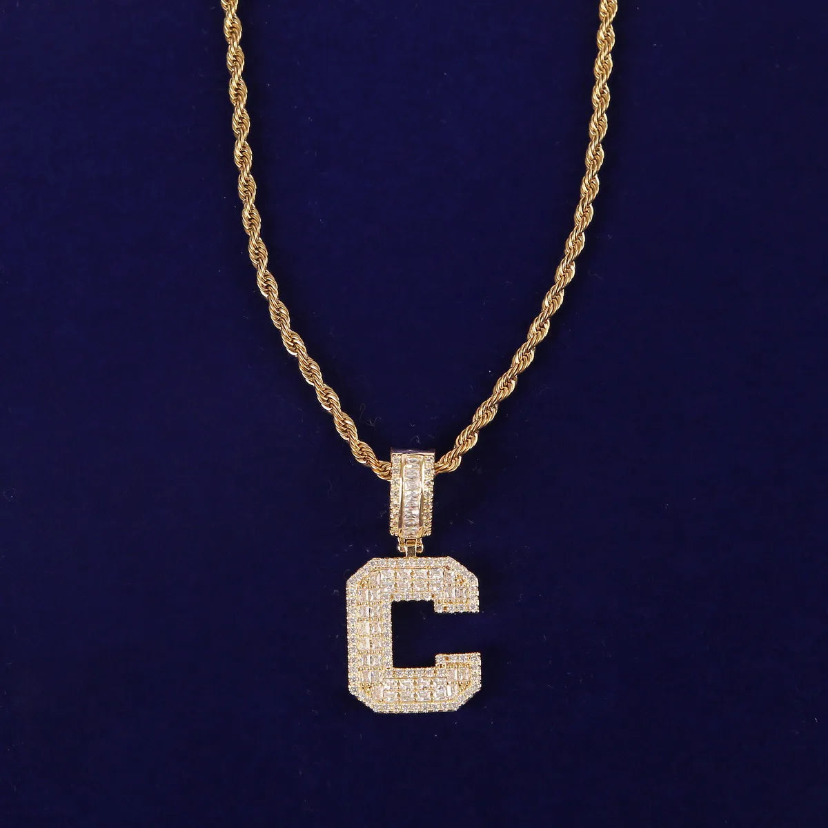 Initial Baguette Pendant Solid Letters Hip Hop Gold Plated Necklace Jewelry