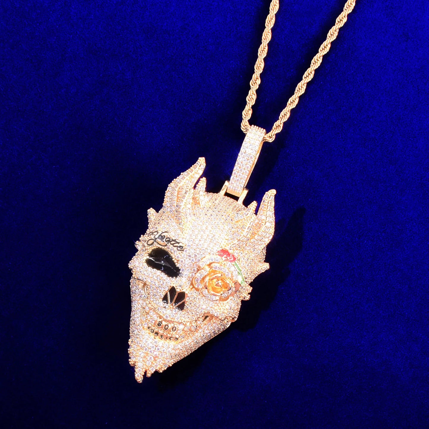 Bubble Letter Skull Men's Pendant Cubic Zircon Gold Color Plated Hip Hop Necklace Rock Jewelry