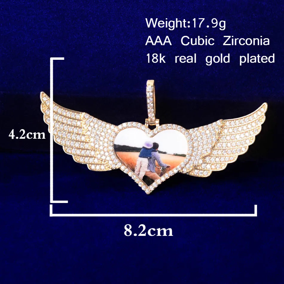 Bubble Letter Custom Photo Necklace for Men Heart Wing Pendant Solid Back Memory Picture Medallion Hip Hop Rock Fashion Jewelry