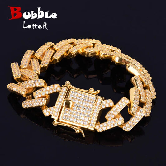 18mm Big Square Miami Cuban Link Prong Bracelet Gold Color Iced Out Cubic Zirconia Rock Hip Hop Style Men's Jewelry