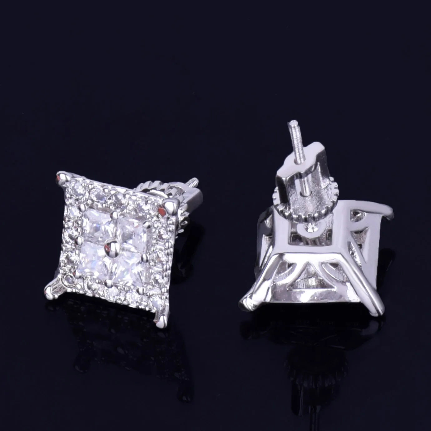 12MM Square Baguette Zircon Stud Earring Silver Color Charm Screw Back Women Men's Earrings Fashion Hip Hop Jewelry