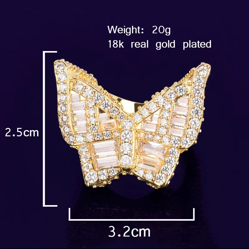 Bubble Letter Butterfly Rings for Women Iced Out Real Gold Plated Hip Hop Jewelry 2022 Trend