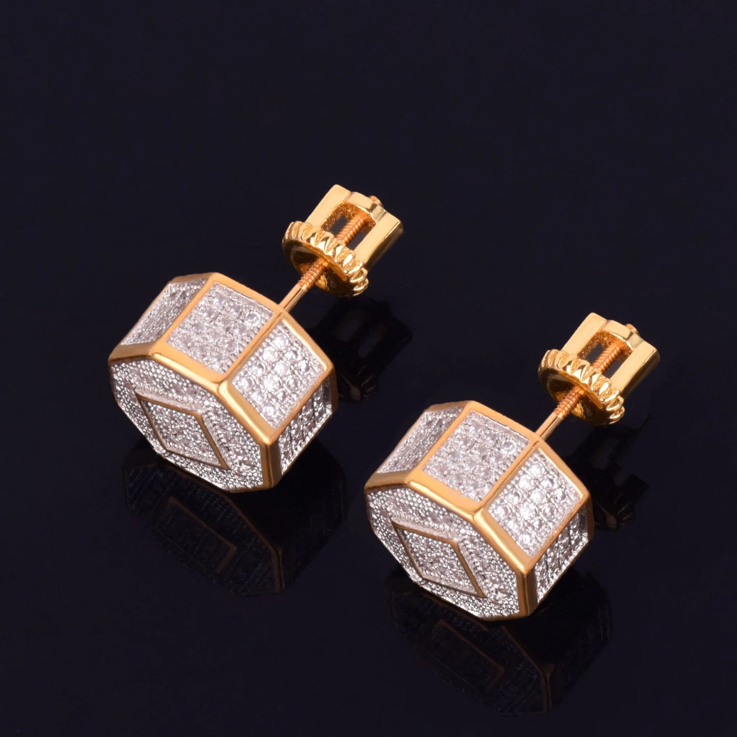 11MM Round Men Women Stud Earring Gold Color Iced Cubic Zircon Screw Back Earrings Hip Hop Jewelry