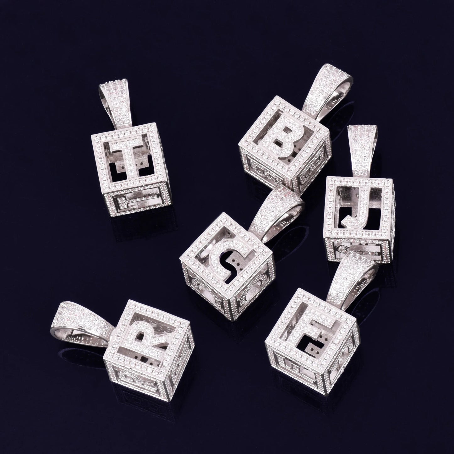 A-Z Single Stereoscopic Square Letter Pendant Necklace Chain Gold Color Cubic Zircon Men Women Hip Hop Jewelry