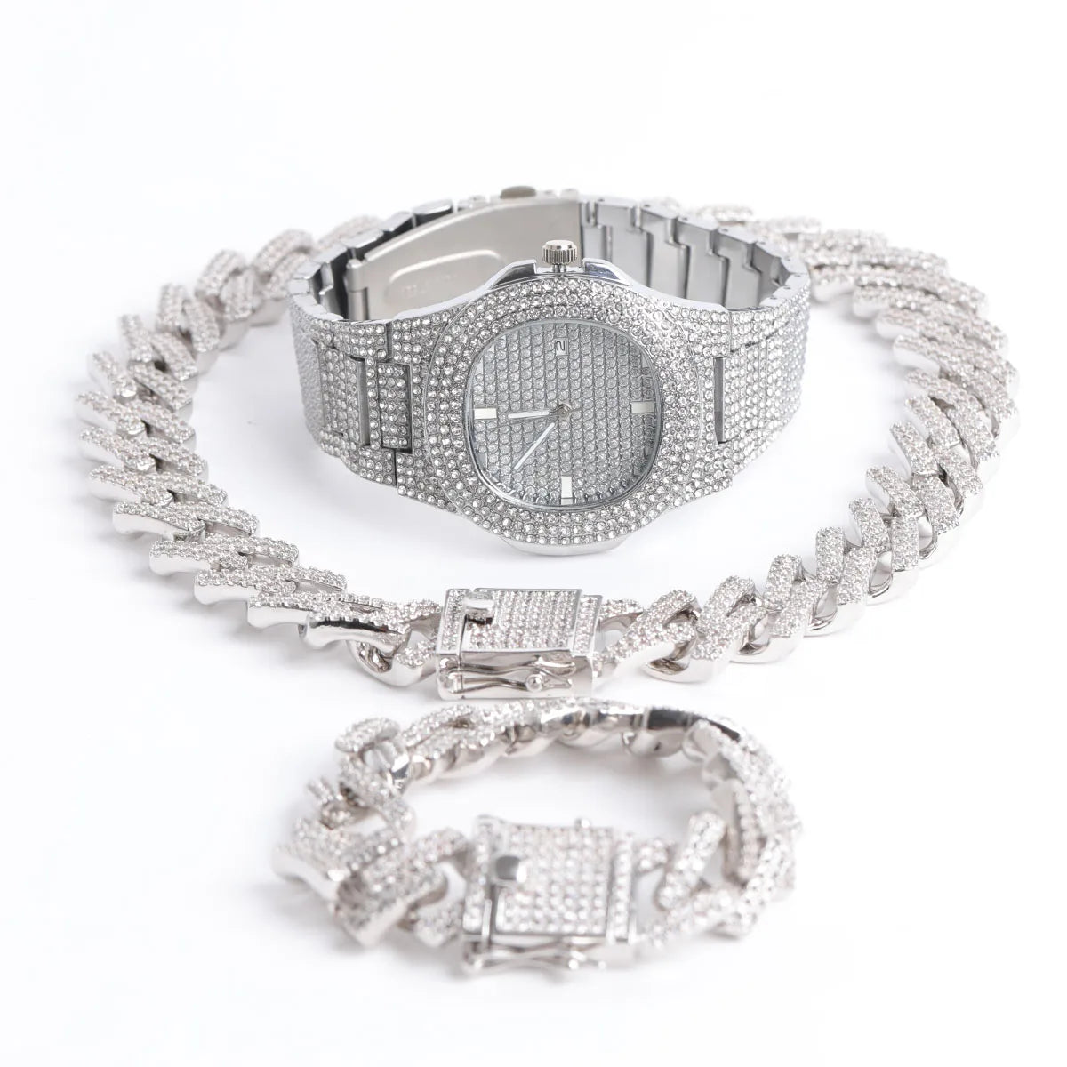 Bubble Letter Brass CZ Stones White Gold Plated Hip Hop Jewelry Set (Necklace+Bracelet+Watch+Pendant)