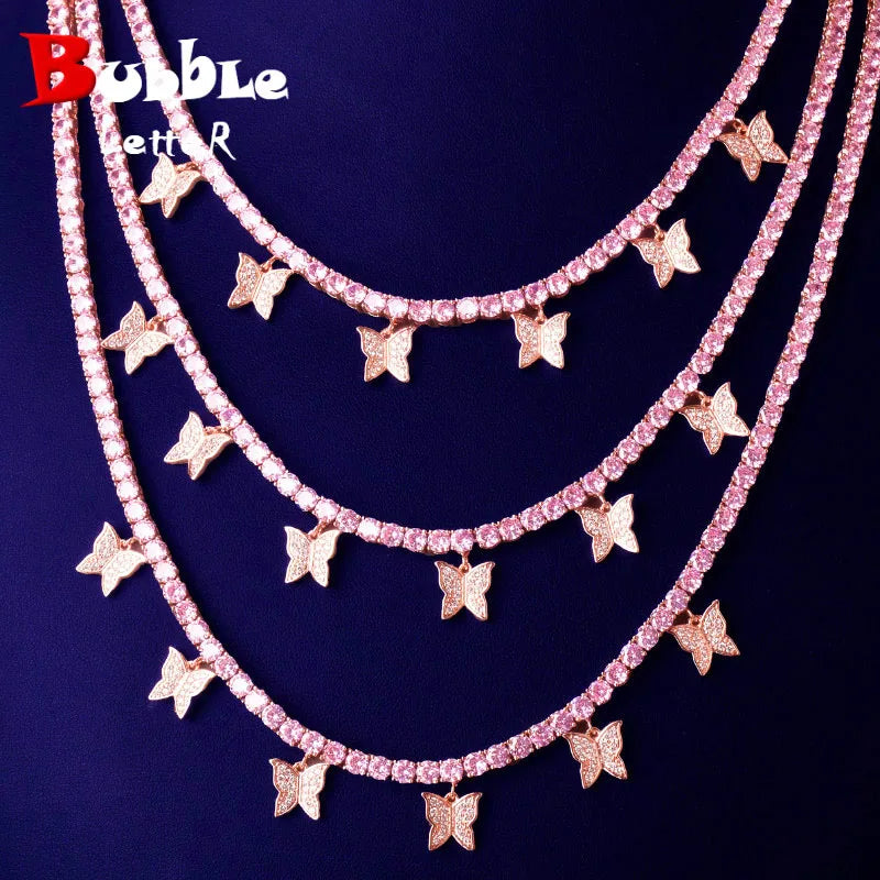 Bubble Letter Butterfly Tennis Chain for Women Necklace Pink Hip Hop Fashion Jewelry Adjustable Free Shipping Items