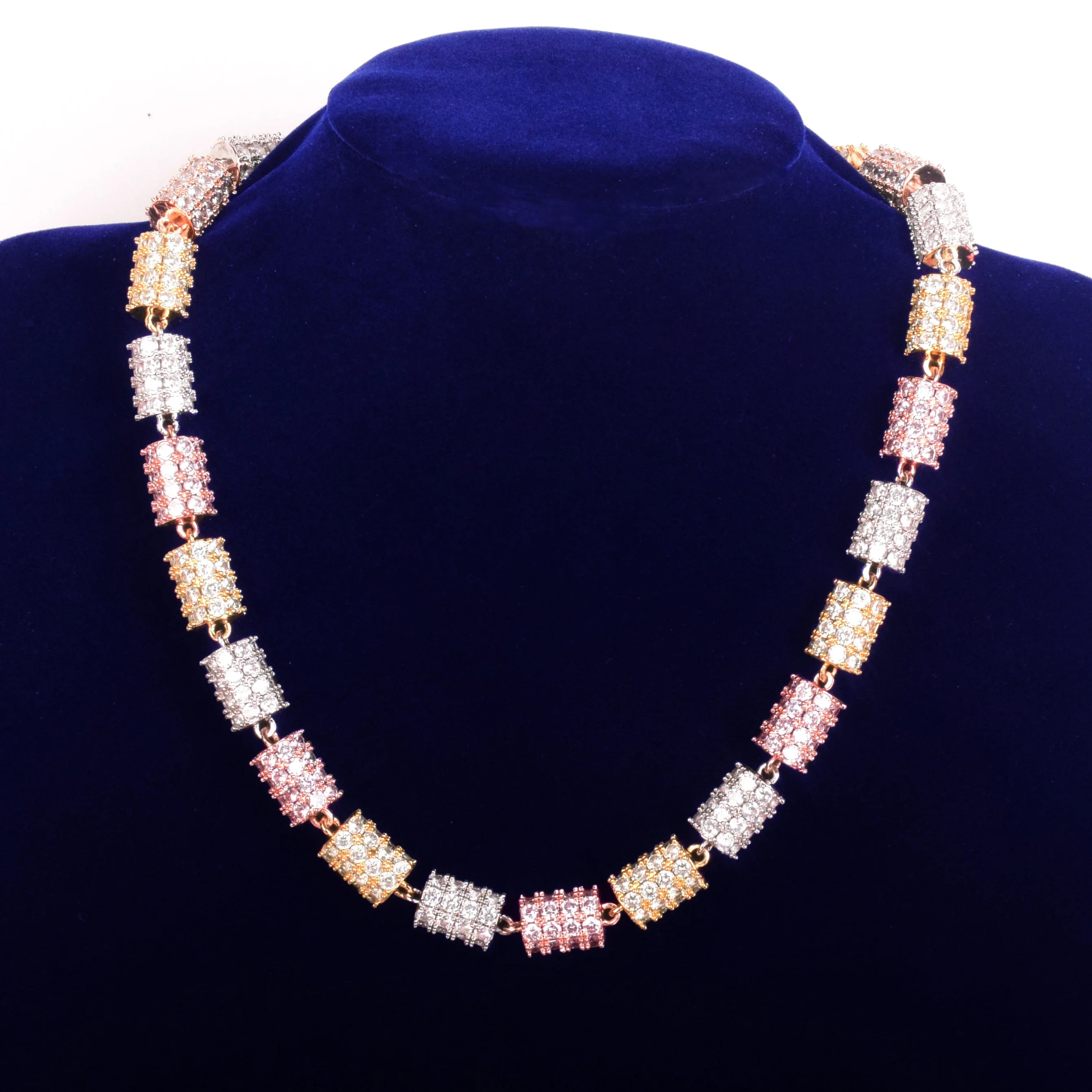 10mm Colorful Cylindrical Shape Necklace Choker Gold Color Hip Hop Link Bling Full Cubic Zirconia Men's Rock Street Jewelry
