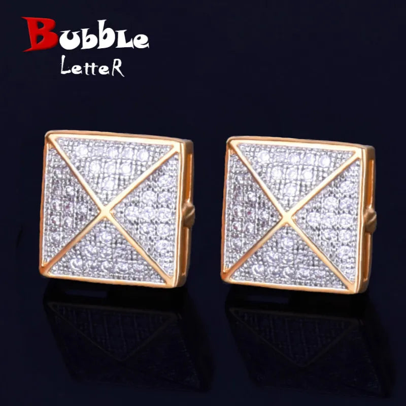 Men's Stud Earring Square Charm Screw Back Full Zircon Women Silver Color  Fashion Hip Hop Jewelry