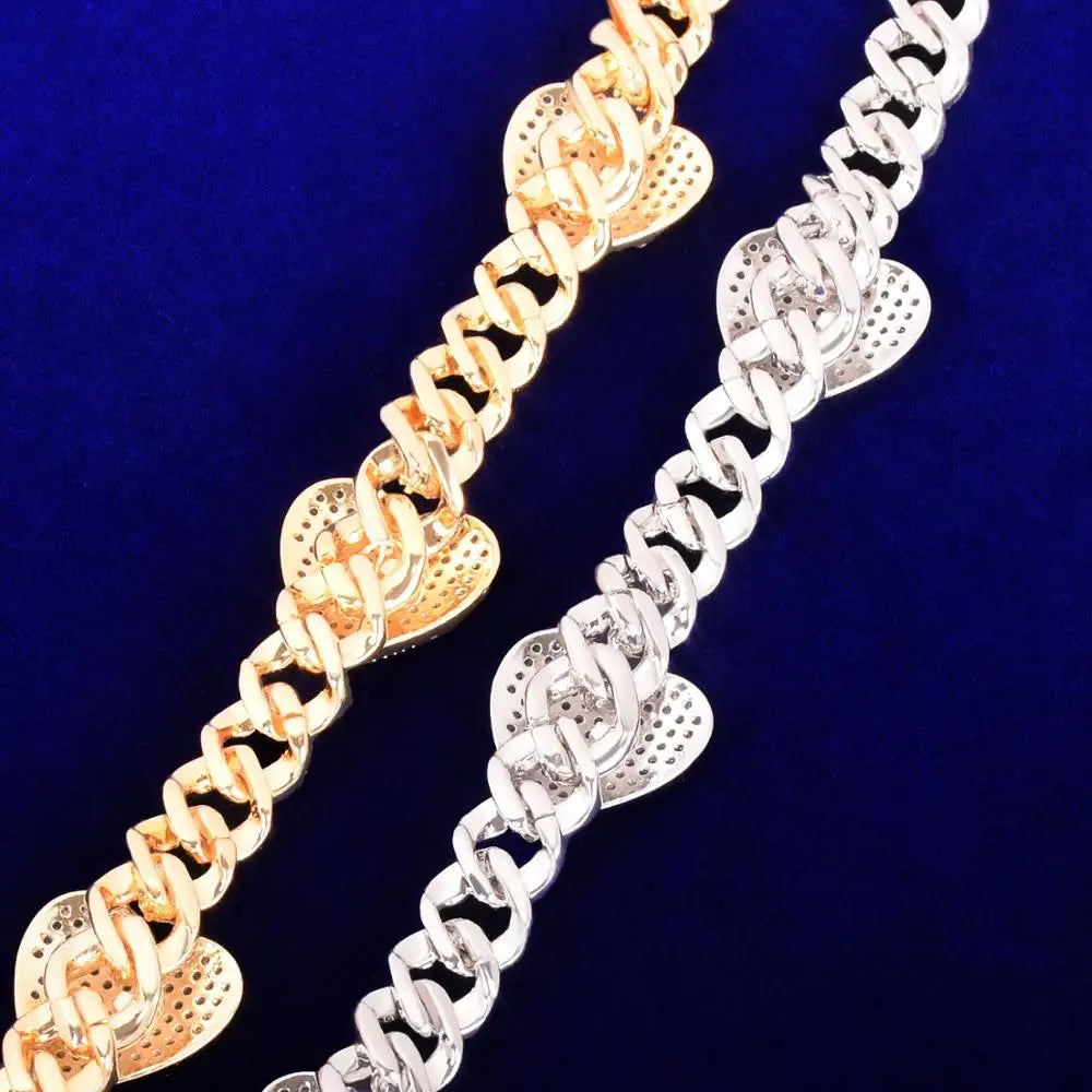 10mm Miami Cuban Link Bracelet With Heart Gold Color Plated Women Jewelry AAAA Zircon Men Hip Hop Chain