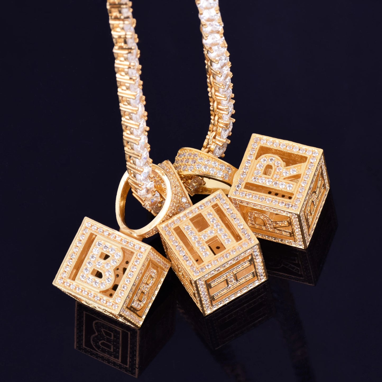 A-Z Single Stereoscopic Square Letter Pendant With Tennis Chain Necklace Gold Color Cubic Zircon Men Women Hip Hop Rock Jewelry