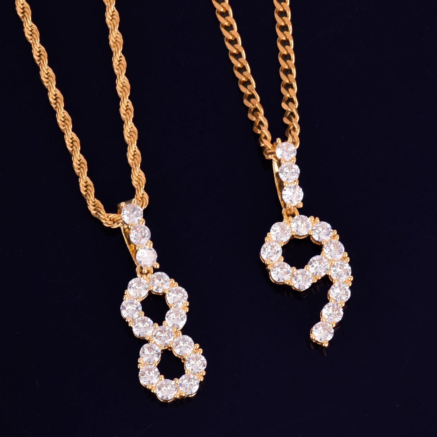 Single Zircon Tennis Number Necklaces & Pendant For Men/Women Gold Color Hip Hop Jewelry with Rope chain