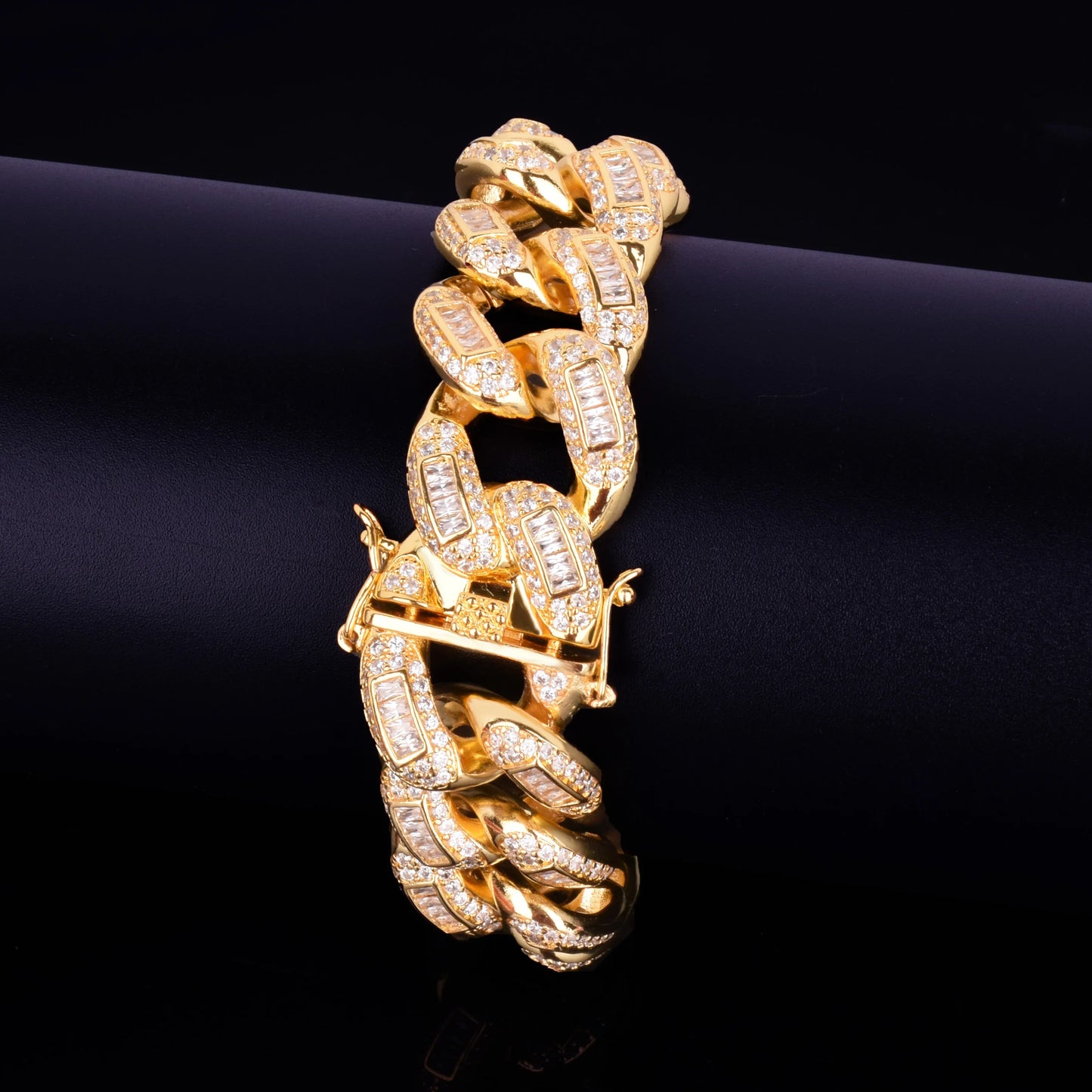 22mm Baguette Zircon Miami Cuban Link Bracelet Iced Out Men Hip Hop Street Rock Jewelry Gold Color Chain 7" 8"